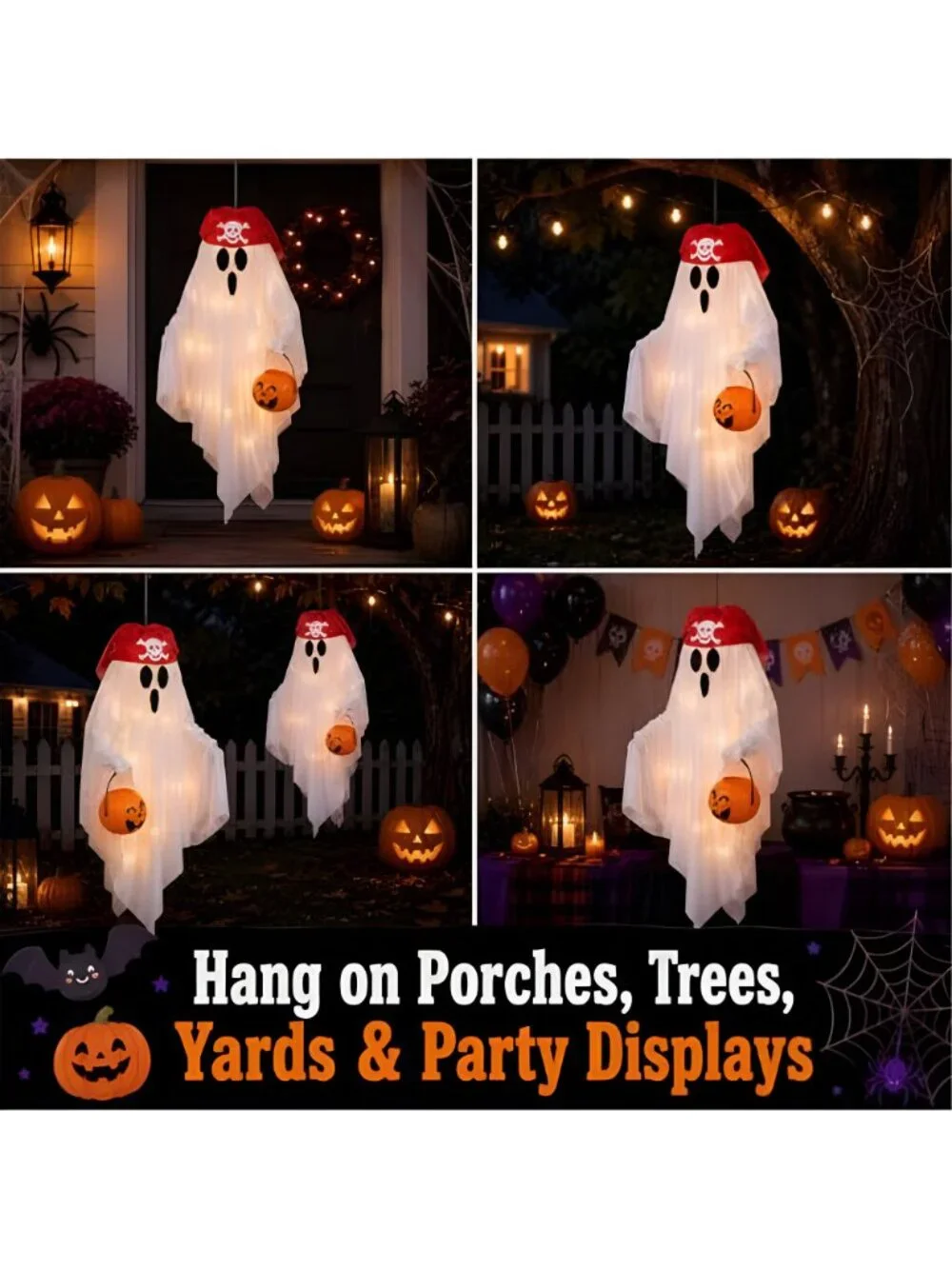2 Pack Hanging Pirate Ghost Decorations with Lights for Halloween